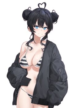 Rule 34 | 1girl, ahoge, aningay, bikini, black hair, black jacket, blue eyes, breasts, cleavage, commentary request, copyright request, cowboy shot, double bun, grin, hair bun, heart, heart ahoge, highres, jacket, korean commentary, large breasts, long hair, long sleeves, looking at viewer, open clothes, open jacket, outline, sleeves past fingers, sleeves past wrists, smile, solo, striped bikini, striped clothes, swimsuit, transparent background, zipper