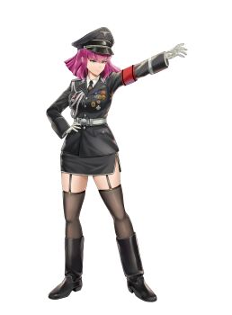 absurdres armband black_jacket black_necktie black_skirt blue_eyes commission gloves gundam gundam_zz haman_karn hand_on_own_hip highres jacket medal military_uniform necktie outstretched_arm pink_hair pixiv_commission red_armband serious shirt skirt swastika thighs totenkopf unicron_(brous) very_long_cape waffen-ss white_background white_gloves white_shirt zeta_gundam