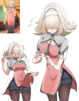 1girl absurdres black_pantyhose blonde_hair blush breasts caseee999 character_request china_dress chinese_clothes cleavage cleavage_cutout clothes_lift clothing_cutout commentary_request covered_navel disembodied_hand dress flying_sweatdrops game_screenshot_inset hair_over_eyes hairband highres index_fingers_together medium_breasts medium_hair motion_lines multiple_views open_mouth pantyhose reference_inset screenshot_inset simple_background skirt skirt_lift surprised sweat white_background white_hairband zenless_zone_zero