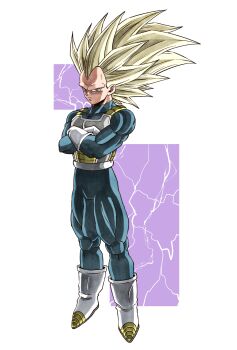 1boy absurdres armor beatlo_(rodrigo38658978) blonde_hair blue_bodysuit bodysuit boots dragon_ball dragon_ball_daima electricity full_body gloves green_eyes highres long_hair muscular muscular_male no_eyebrows saiyan_armor solo spiked_hair super_saiyan super_saiyan_3 vegeta white_armor white_boots white_gloves