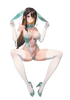 1girl animal_ears aqua_bow aqua_bowtie aqua_shoes bare_shoulders black_hair blush bow bowtie braid braided_bangs breasts closed_mouth commentary commission detached_collar elbow_gloves english_commentary fake_animal_ears full_body gloves hair_ornament hairclip high_heels highleg highleg_leotard highres hongcasso invisible_chair large_breasts leotard long_hair looking_at_viewer low-tied_long_hair multicolored_hair navel orange_hair original parallel_hairclips playboy_bunny pumps rabbit_ears see-through_clothes see-through_leotard shoes simple_background sitting solo spread_legs streaked_hair thighhighs two-tone_hair very_long_hair white_background white_gloves white_thighhighs