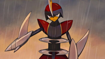 :< arm_blade bisharp closed_mouth commentary_request gen_5_pokemon nintendo pokemon pokemon_(creature) pokemon_focus rain solo umi-be-to upper_body weapon