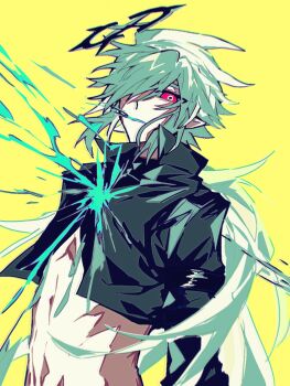 Rule 34 | 1boy, aotu world, black jacket, blood, blood splatter, chinese commentary, commentary request, crop top, cropped jacket, green blood, green hair, hair over one eye, halo, highres, jacket, long hair, long sleeves, looking at viewer, low ponytail, male focus, midriff, navel, parted lips, pointy ears, ponytail, red eyes, simple background, solo, upper body, very long hair, xander-xander, xander (aotu world), yellow background
