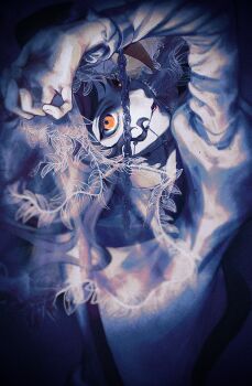 Rule 34 | 1girl, 8cafunemoda8, absurdres, braces, chain, cuffs, eyelashes, fingernails, glowing, glowing eyes, handcuffs, highres, lips, long sleeves, looking at viewer, official alternate costume, orange eyes, parted lips, reverse:1999, solo, teeth, tooth fairy (reverse:1999), upper body, veil