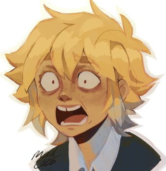 1boy 2023 antenna_hair basil_(faraway)_(omori) basil_(omori) blonde_hair collared_shirt commentary double-parted_bangs english_commentary freckles green_sweater_vest hair_between_eyes highres looking_at_viewer madnopost male_focus omori shirt short_hair sidelocks simple_background solo sweater_vest tooth_gap upper_body white_background white_shirt