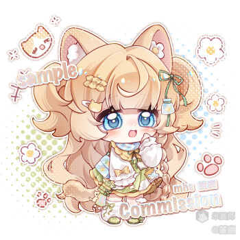 1girl :d animal_ear_fluff animal_ears blonde_hair blue_eyes blunt_bangs blush bow cat_ears cat_girl cat_tail chibi chibi_only commission full_body green_ribbon green_shoes green_skirt hair_ribbon hand_up highres long_hair long_sleeves luyou mihuashi_username open_mouth original ribbon sample_watermark shirt shoes skirt sleeve_bow smile socks solo standing tail two_side_up watermark white_shirt white_socks yellow_bow
