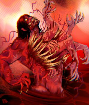 Rule 34 | 1boy, black hair, blood, caustics, chest mouth, chest spike, chromatic aberration, claws, eldritch abomination, empty eyes, exposed teeth, extra arms, extra teeth, highres, hole in chest, hole on body, horror (theme), iron lung (movie), medium hair, monster, nude, open mouth, pain, partially submerged, pointy ears, pool of blood, screaming, simon (iron lung), spunketpunk, transformation, wavy hair, white eyes