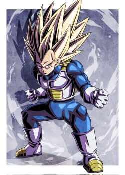 1boy armor big_hair blonde_hair blue_bodysuit bodysuit boots border commentary_request dragon_ball dragon_ball_daima full_body gloves green_eyes highres long_hair male_focus no_eyebrows saiyan_armor solo spiked_hair super_saiyan super_saiyan_3 ushi_(akabec0) vegeta white_armor white_boots white_border white_gloves