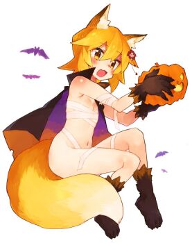 1girl alternate_costume animal_ear_fluff animal_ears animal_hands bandages bat_(animal) blonde_hair blush breasts cape commentary fang female_focus flower fox_ears fox_tail gloves hair_between_eyes hair_flower hair_ornament halloween holding jack-o&#039;-lantern key_visual looking_at_viewer naked_ribbon navel official_art open_mouth paw_gloves paw_shoes petite promotional_art pumpkin ribbon rimukoro sarashi senko_(sewayaki_kitsune_no_senko-san) sewayaki_kitsune_no_senko-san shoes short_hair simple_background small_breasts solo tail yellow_eyes