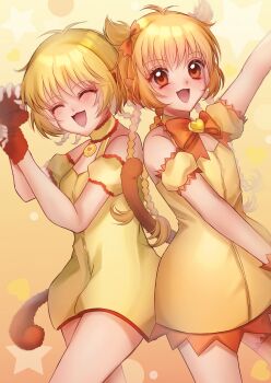 2girls animal_ears arm_up bare_shoulders blonde_hair blush bow braid breasts choker closed_eyes dress fingerless_gloves fong_pudding fur-trimmed_gloves fur_trim gloves highres long_hair looking_at_viewer medium_breasts mew_pudding monkey_ears monkey_girl monkey_tail multiple_girls open_mouth orange_eyes short_hair smile strapless strapless_dress tail tokyo_mew_mew twintails very_long_hair yanluicarolchi1 yellow_bow yellow_choker yellow_dress