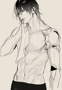 Rule 34 | 1boy, abs, black hair, collarbone, commentary request, cowboy shot, ginoza nobuchika, greyscale, groin, hair between eyes, hair tie in mouth, highres, holding, holding towel, long hair, male focus, mechanical arms, monochrome, mouth hold, navel, pants, pectorals, psycho-pass, simple background, solo, toned, toned male, topless male, towel, towel around neck, upper body, wet, wet hair, wiping face, ykmr (haga)