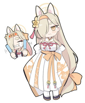 1girl animal_ears black_sandals blue_archive blush_stickers bow breasts brown_bow brown_eyes brown_hair brown_hairband chibi closed_eyes closed_mouth crying floral_print glowstick hair_bow hair_over_one_eye hairband hakama hakama_skirt halo highres holding japanese_clothes kaho_(blue_archive) large_breasts long_hair low-tied_long_hair miranofuudoria mole mole_under_mouth multiple_views sandals short_eyebrows sideboob simple_background skirt socks streaming_tears tabi tears thick_eyebrows very_long_hair white_background white_hakama white_socks zouri