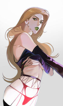 1girl absurdres blonde_hair breasts commentary english_commentary genderswap genderswap_(mtf) green_eyes green_lips green_nails gyro_zeppeli highres jojo_no_kimyou_na_bouken long_hair navel reichio solo steel_ball_run underboob