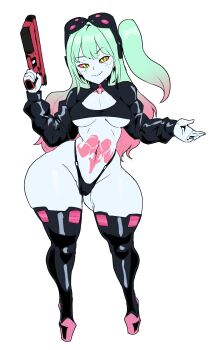 1girl artificial_eye black_thighhighs breasts colored_sclera curvy cyberpunk_(series) cyberpunk:_edgerunners eyewear_on_head gradient_hair green_eyes green_hair gun handgun high_heels highleg highleg_panties highres looking_at_viewer mechanical_eye medium_breasts multicolored_hair neck_tattoo panties pink_footwear pink_hair pink_tattoo platform_footwear platform_heels rebecca_(cyberpunk) red_sclera redesign revealing_clothes shrug_(clothing) side_ponytail simple_background smile stomach_tattoo tattoo thecon thick_thighs thighhighs thighs thong underboob underwear weapon white_background wide_hips