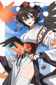Rule 34 | 1girl, absurdres, artist name, autumn leaves, bird wings, black wings, blue sky, blurry, breasts, bridal gauntlets, brown hair, cloud, commentary request, depth of field, detached sleeves, falling flower, hat, highres, holding, japanese clothes, kimono, kourindou tengu costume, leaf, looking at viewer, maple leaf, obi, official alternate costume, open mouth, pointy ears, pom pom (clothes), red eyes, red hat, red sash, ribbon-trimmed sleeves, ribbon trim, sash, shameimaru aya, short hair, side slit, sideboob, sky, smile, solo, thighhighs, tokin hat, touhou, uehara suiyo, white kimono, white thighhighs, wide sleeves, wings
