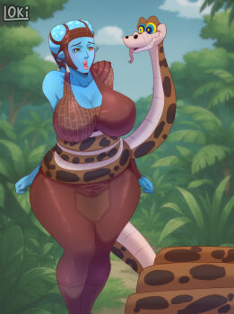 1girl aayla_secura absurdres alien artist_name blue_skin blue_sky breasts brown_pants cloud colored_skin crossover day highres hypnosis kaa_(jungle_book) large_breasts lokidrawsart mind_control open_mouth outdoors pants sky snake star_wars the_jungle_book tree twi&#039;lek