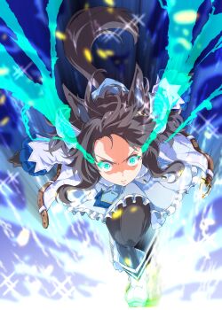 1girl animal_ears black_hair blurry blurry_background blush boots breasts commentary_request daring_tact_(umamusume) eye_trail glowing glowing_eye glowing_eyes hair_between_eyes hair_ornament highres horse_ears horse_girl horse_tail light_trail looking_at_viewer open_mouth pantyhose running simple_background solo tail umamusume zukki_(bijitaru)