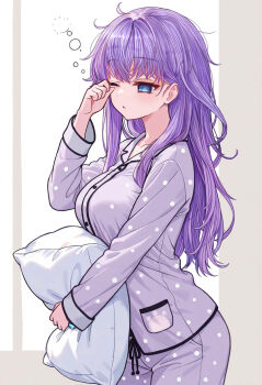Rule 34 | 1girl, alternate costume, blue eyes, blush, breasts, clenched hand, commentary, cowboy shot, from side, gensou roukaku, hair between eyes, hair intakes, hair over shoulder, hand up, highres, holding, holding pillow, large breasts, long hair, long sleeves, messy hair, one eye closed, pajamas, parted lips, pillow, polka dot, polka dot pajamas, purple hair, purple pajamas, rubbing eyes, sidelocks, simple background, sleepy, solo, sorakado ai, squeans, summer pockets, waking up, white background