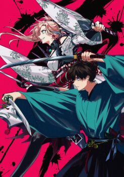 1boy 1girl absurdres black_hakama blue_kimono chrysanthemum_print dual_wielding earrings easel_(dam0628) expressionless fate/samurai_remnant fate_(series) floral_print green_eyes grin hakama highres holding japanese_clothes jewelry katana kimono leaf_earrings magatama magatama_necklace miyamoto_iori_(fate) miyamoto_musashi_(fate) miyamoto_musashi_(woman_of_niten_ichiryuu)_(fate) necklace pink_hair profile rope_belt single_sidelock smile sword topknot weapon white_kimono