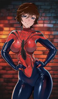 1girl animal_print blue_bodysuit blue_eyes blurry blurry_background bob_cut bodysuit breasts brick_wall brown_hair cameltoe closed_mouth collarbone commentary commission contrapposto covered_navel cowboy_shot detectiveneko double-parted_bangs english_commentary hair_between_eyes hands_on_own_hips highres large_breasts looking_at_viewer marvel mayday_parker multicolored_bodysuit no_mask print_bodysuit red_bodysuit shiny_clothes short_hair skin_tight smile solo spider-girl spider-man_(series) spider_print spider_web_print standing superhero_costume swept_bangs two-tone_bodysuit