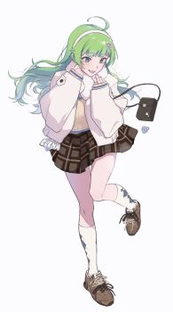 Rule 34 | 1girl, absurdres, ahoge, bag, blue nails, brown shoes, brown skirt, commentary request, fingernails, floating hair, full body, green eyes, green hair, hair ornament, hairband, handbag, heart, heart hair ornament, highres, hodoyoi, idolmaster, idolmaster million live!, jacket, kneehighs, long hair, long sleeves, miniskirt, nail polish, open clothes, open jacket, plaid clothes, plaid skirt, shimabara elena, shoes, simple background, skirt, socks, solo, standing, sweater, white background, white hairband, white jacket, white socks, yellow sweater