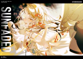 1girl bare_shoulders blonde_hair closed_eyes dress gakuen_idolmaster highres idolmaster long_hair looking_at_viewer multiple_views ny3z open_mouth orange_eyes reaching reaching_towards_viewer shinosawa_hiro smile song_name sunfaded_(idolmaster)