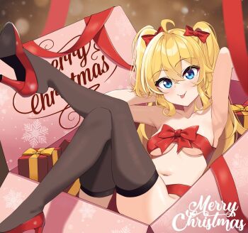 1girl :p ahoge armpits arms_behind_head black_thighhighs blonde_hair blue_eyes blush bow box breasts breasts_apart christmas closed_mouth collarbone commentary crossed_bangs dutch_angle full_body gift gift_box hair_between_eyes hair_bow hair_intakes high_heels highres in_box in_container knees_together_feet_apart kusaka_yuno legs long_hair looking_at_viewer lying medium_breasts merry_christmas naked_ribbon navel official_art on_back ray_(rays_26) re:fragment_~absolute_ambition~ red_bow red_ribbon red_shoes ribbon shiny_skin shoes sidelocks skindentation smile snowflake_print solo stomach thighhighs thighs tongue tongue_out two_side_up underboob very_long_hair