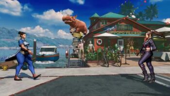 2girls 3d akiman_pose animated black_boots black_jacket black_pants blue_dress blue_sky boots bracelet breast_press breasts brown_hair capcom cherry_blossom_print chun-li cloud cropped_jacket double_bun dress ear_piercing faceoff fatal_fury fatal_fury:_city_of_the_wolves female_focus floral_print game_screenshot hair_bun hand_fan high_heel_boots high_heels high_ponytail highres holding holding_fan jacket jewelry large_breasts leather leather_jacket leather_pants lipstick long_hair looking_at_another makeup multiple_girls pants piercing ponytail shiranui_mai short_hair sky snk sound street_fighter street_fighter_6 symmetrical_docking tagme thick_thighs thighs trait_connection video video_game_screencap walking