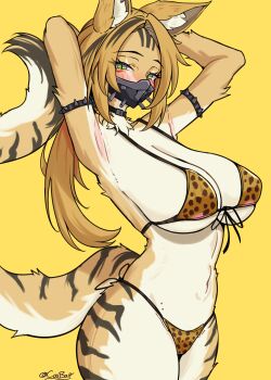 1girl absurdres animal_ear_fluff animal_ears animal_print armpits arms_up bikini black_choker black_mask blonde_hair cat_ears cat_girl cat_tail choker coubalty furry furry_female green_eyes highres leopard_print leopard_print_bikini long_hair looking_at_viewer parted_bangs ponytail print_bikini pulchra_fellini solo swimsuit tail yellow_bikini yellow_fur zenless_zone_zero