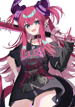 1girl baseball_bat black_collar black_shirt collar collarbone commentary_request dragon_horns dragon_tail ear_piercing elizabeth_bathory_(fate) elizabeth_bathory_(perfect)_(first_ascension)_(fate) fate/grand_order fate_(series) highres holding holding_baseball_bat horns long_hair long_sleeves neko_daruma piercing pointy_ears purple_hair purple_horns shirt solo tail