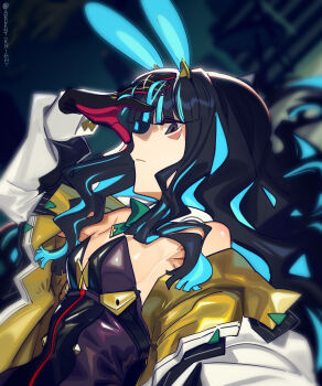 1girl animal_ears bare_shoulders black_gloves black_hair black_leotard blue_hair boa_(brianoa) bow bowtie breasts colored_inner_hair detached_collar eyeliner fake_animal_ears fate/grand_order fate_(series) gloves grey_eyes highres jacket leotard long_hair long_sleeves looking_at_viewer makeup multicolored_hair multicolored_jacket off_shoulder playboy_bunny rabbit_ears red_gloves sidelocks small_breasts solo tenochtitlan_(fate) tenochtitlan_(swimsuit_mooncancer)_(fate) tenochtitlan_(swimsuit_mooncancer)_(third_ascension)_(fate) two-tone_jacket white_jacket yellow_jacket