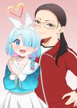 Rule 34 | 2girls, arona (blue archive), black eyes, black hair, blue archive, blue eyes, blue hair, blue shirt, braid, choker, collarbone, gokusen, hair over one eye, hairband, halo, hand on own hip, heart, heart halo, highres, jacket, jhd9x (climax beam), multicolored hair, multiple girls, own hands together, pink background, red jacket, shirt, skirt, track suit, twintails, white choker, white skirt, yamaguchi kumiko