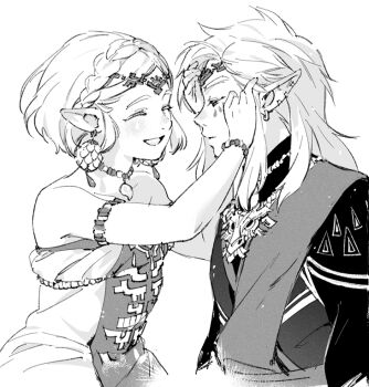 1boy 1girl armlet bags_under_eyes bare_shoulders braid closed_eyes commentary_request couple crown_braid dress earrings facial_mark half-closed_eyes hetero jewelry link long_hair magatama magatama_necklace necklace nintendo open_mouth parted_bangs pointy_ears princess_zelda renyuu short_hair sidelocks smile strapless strapless_dress the_legend_of_zelda the_legend_of_zelda:_tears_of_the_kingdom upper_body white_background