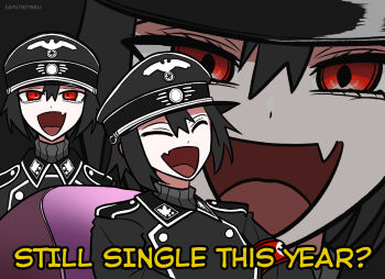 1girl :d black_hair hair_between_eyes hat koalakanru laughing laughing_tom_cruise_(meme) meme military military_hat military_uniform multiple_views nazi open_mouth original peaked_cap red_eyes short_hair smile sven_hoffmann upper_body