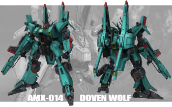 3d beam_rifle character_name chibipen commentary_request doven_wolf emblem energy_gun gundam gundam_zz highres machinery mecha mobile_suit multiple_views neo_zeon no_humans one-eyed robot roundel science_fiction thrusters weapon