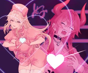 Rule 34 | 2girls, belt, black choker, breasts, choker, cleavage cutout, closed eyes, clothing cutout, dola (7th costume) (nijisanji), dola (nijisanji), dragon girl, dragon horns, fangs, hat, heart, heart hands, highres, horns, jewelry, large breasts, long hair, miniskirt, multiple girls, necklace, nijisanji, nurse, nurse cap, open mouth, puffy sleeves, shirogami seisho, sister claire, skirt, thighhighs, virtual youtuber, white thighhighs, yellow eyes