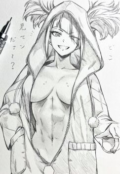 1girl art_tools_in_frame breasts cleavage collarbone commentary_request diagonal_bangs graphite_(medium) greyscale grin han_juri highres hood hoodie large_breasts linea_alba medium_hair monochrome naked_hoodie navel no_bra no_panties no_shirt no_undershirt official_alternate_costume onesie pointing seishun_dendeke smile solo standing stomach street_fighter street_fighter_6 toned toned_female traditional_media