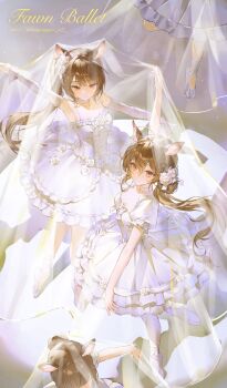 4girls ahoge animal_ear_fluff animal_ears ballerina ballet ballet_slippers breasts brown_eyes brown_hair closed_mouth commentary dancing deer_ears deer_girl dress en_pointe english_commentary english_text floating_hair flower hair_between_eyes hair_flower hair_ornament highres long_hair looking_at_viewer medium_breasts misa_(misonyeo_s2) mole mole_under_eye mole_under_mouth multiple_girls original outstretched_arms ponytail puffy_short_sleeves puffy_sleeves rose short_sleeves smile twitter_username very_long_hair white_dress white_flower white_rose