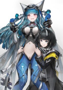 Rule 34 | 2girls, :q, absurdres, arknights, arknights: endfield, black coat, black hair, blue gloves, blue hair, blue hiphighs, blunt bangs, breasts, closed mouth, coat, commentary, cropped shirt, embarrassed, endministrator (arknights), english commentary, feet out of frame, female endministrator (arknights), gloves, helmet, highres, hiphighs, irvinetope, large breasts, last rite (arknights), long hair, long sleeves, multiple girls, navel, open clothes, open coat, open mouth, pussy, shirt, short hair, smile, standing, sweater, tongue, tongue out, white helmet, white shirt, white sweater