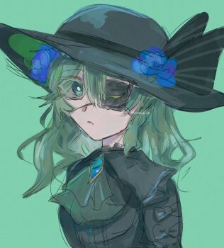 Rule 34 | 1girl, artist name, black dress, black hat, blue flower, blue gemstone, dress, expressionless, eyepatch, flower, gem, green background, green hair, hat, hat flower, highres, komeiji koishi, komeiji koishi (heartless swamp lady), looking at viewer, medium hair, sakuramochi 55, sketch, solo, touhou, touhou lostword, upper body