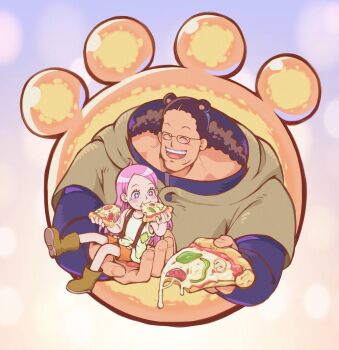 1boy 1girl adoptive_parent_and_adoptive_child bartholomew_kuma black_hair blue_shirt blush boots brown_boots burugozu carrying carrying_person child closed_eyes commentary eating english_commentary extra_ears facing_another father_and_daughter food food_on_face glasses highres holding holding_food holding_pizza hood hood_down jewelry_bonney long_hair one_piece open_mouth pink_hair pizza pizza_slice shirt shorts sitting sitting_on_hand sparkling_eyes suspenders tank_top upper_body white_tank_top