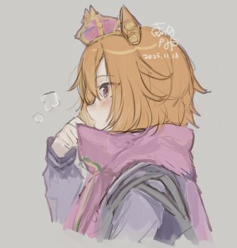 1girl animal_ears blush breath cold crown dated from_side highres horse_ears horse_girl kurauchi_naya long_sleeves looking_afar mini_crown orange_hair pale_skin pink_scarf purple_eyes purple_sailor_collar purple_shirt sailor_collar scarf school_uniform shirt short_hair signature simple_background solo t.m._opera_o_(umamusume) tracen_school_uniform umamusume
