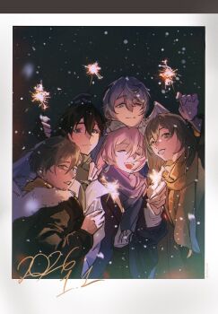 2026 2girls 3boys alternate_costume arms_up black_hair caelus_(honkai:_star_rail) cloak closed_eyes closed_mouth dan_heng_(honkai:_star_rail) dated earclip earrings gloves green_cloak grey_hair hand_up highres holding holding_fireworks honkai:_star_rail honkai_(series) jewelry looking_at_viewer march_7th_(honkai:_star_rail) march_7th_(preservation)_(honkai:_star_rail) multiple_boys multiple_girls oh_my_julai one_eye_closed open_mouth pink_cloak pink_hair single_earring smile standing stelle_(honkai:_star_rail) sunday_(honkai:_star_rail) teeth trailblazer_(honkai:_star_rail) white_cloak white_gloves winter_clothes winter_uniform yellow_cloak yellow_eyes