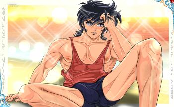 Rule 34 | absurdres, bad source, bara, black hair, body hair, bulge, highres, lseraphim, male focus, nipples, male underwear, muscular, muscular arms, muscular legs, muscular male, pectorals, purple eyes, red shirt, sanada ryou, self-upload, shirt, tank top, underwear, yaoi, yoroiden samurai troopers