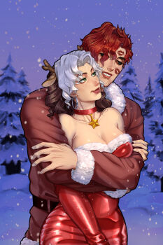 1boy 1girl absurdres after_kiss breasts christmas commentary couple cuddling dress english_commentary gambit gloves hetero highres hug hug_from_behind large_breasts marvel mikeybo_bikey red_gloves rogue_(x-men) santa_costume santa_dress x-men