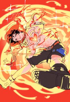 Rule 34 | 1boy, belt, black hair, black shirt, boots, bracelet, commentary, fire, freckles, hat, heart, heart hands, highres, jewelry, log pose, male focus, necklace, one piece, orange hat, pearl necklace, portgas d. ace, pouch, shirt, short hair, smile, solo, sparkle, thigh pouch, topless male, yuzuru (kasou)