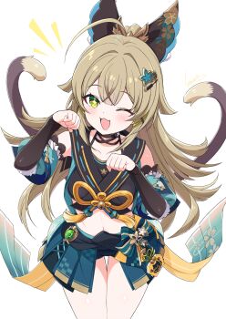 1girl ahoge black_shirt blue_jacket blush bow brown_hair cat_girl cat_tail commentary_request cowboy_shot crop_top detached_sleeves double-parted_bangs genshin_impact green_eyes green_skirt hair_bow hair_ornament hairclip highres jacket jinbaori kamuraaa_615 kirara_(genshin_impact) linea_alba long_hair looking_at_viewer midriff miniskirt multiple_tails nekomata one_eye_closed open_mouth paw_pose pleated_skirt shirt simple_background skirt solo sparkling_eyes stomach tail thigh_gap vision_(genshin_impact) white_background