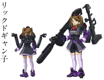 10s 1girl adapted_costume alternate_legwear armor ass bodysuit breasts brown_eyes brown_hair reference_sheet faulds frills from_behind full_body grin gun gundam gundam_build_fighters gundam_build_fighters_try hair_ornament hairclip hand_on_own_hip holding holding_weapon hyper_gyanko jetpack large_breasts leg_up long_hair looking_at_viewer mecha_musume multiple_views neckerchief official_alternate_costume rifle sazaki_kaoruko shiny_clothes skin_tight skirt smile standing swept_bangs teeth thighhighs translation_request twintails weapon white_background white_thighhighs yellow_eyes