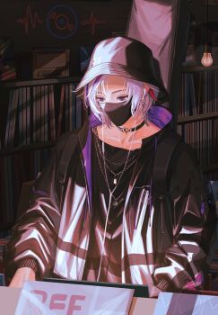 1boy black_choker black_hat black_jacket black_mask black_shirt bucket_hat ca_mei chain chain_necklace choker commentary earphones earrings fuwa_minato fuwa_minato_(9th_costume) grey_hair hat highres indoors instrument_case instrument_case_on_back jacket jewelry looking_down male_focus mask mouth_mask multicolored_hair necklace nijisanji official_alternate_costume open_clothes open_jacket purple_eyes shirt short_hair solo streaked_hair upper_body virtual_youtuber