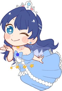 Rule 34 | 1girl, ;), arm at side, armpit crease, bare shoulders, blue dress, blue eyes, blue hair, chibi, chibi only, cho toutoi love, dress, full body, game cg, hand up, heart, heart necklace, jewelry, link! like! love live!, long dress, long hair, looking at viewer, love live!, mole, mole on neck, murano sayaka, necklace, non-web source, off-shoulder dress, off shoulder, official art, one eye closed, open hand, princess, sakuma yoru, self-datamine, simple background, smile, solo, tachi-e, tiara, transparent background, virtual youtuber